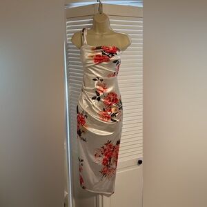 JLUXLABEL Ivory Strapless Satin Dress with Pink Floral Print
